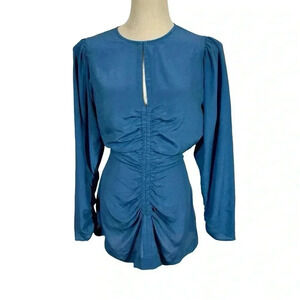 Mariacher Maria Cher Olite Rosario Silk Ruched Short Long Sleeve Mini Dress Blue